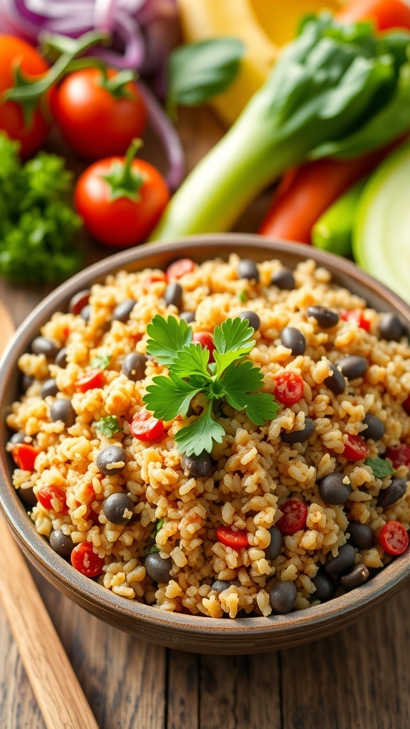 A nutritious bowl of lentil quinoa topped with parsley, surrounded by fresh vegetables.